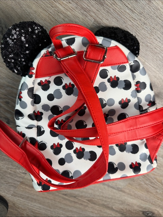 Loungefly Disney Minnie Mouse Mini Backpack Red Bow Black Sequin Ears Vegan